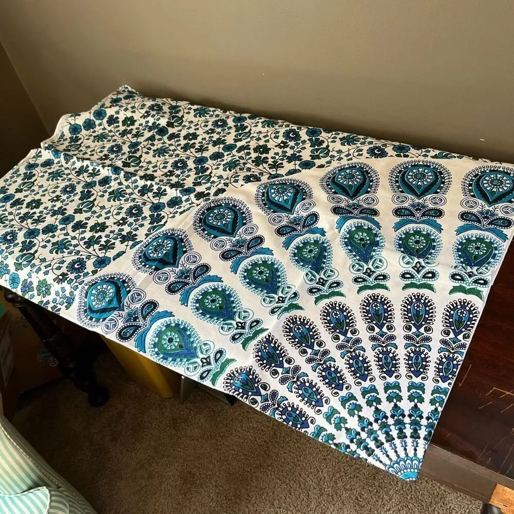 VTG Blue Green Mandala Cotton Tablecloth 82x53 Boho Maximalist Floral NWOT